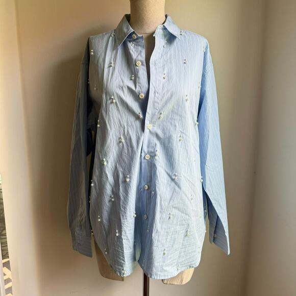 Future Collective Blue Pearl Embellished Button Down Shirt S - Picture 3 of 7